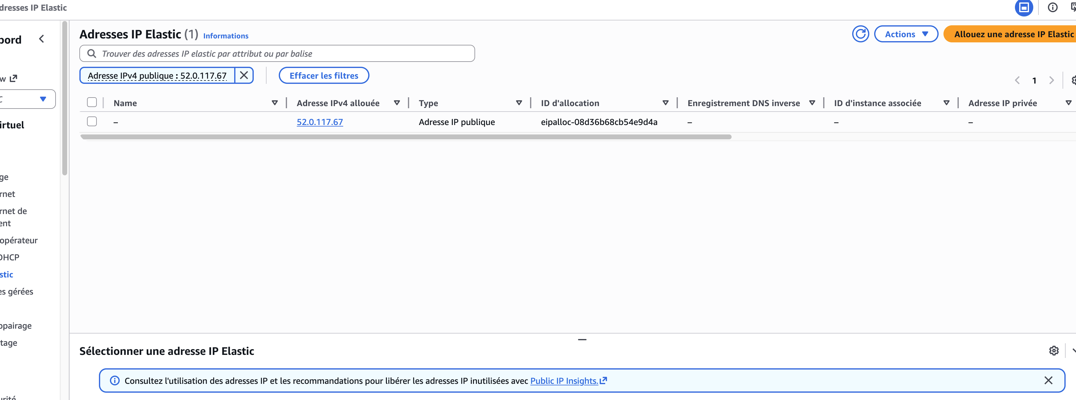 Elastic IP allouée : 52.0.117.67