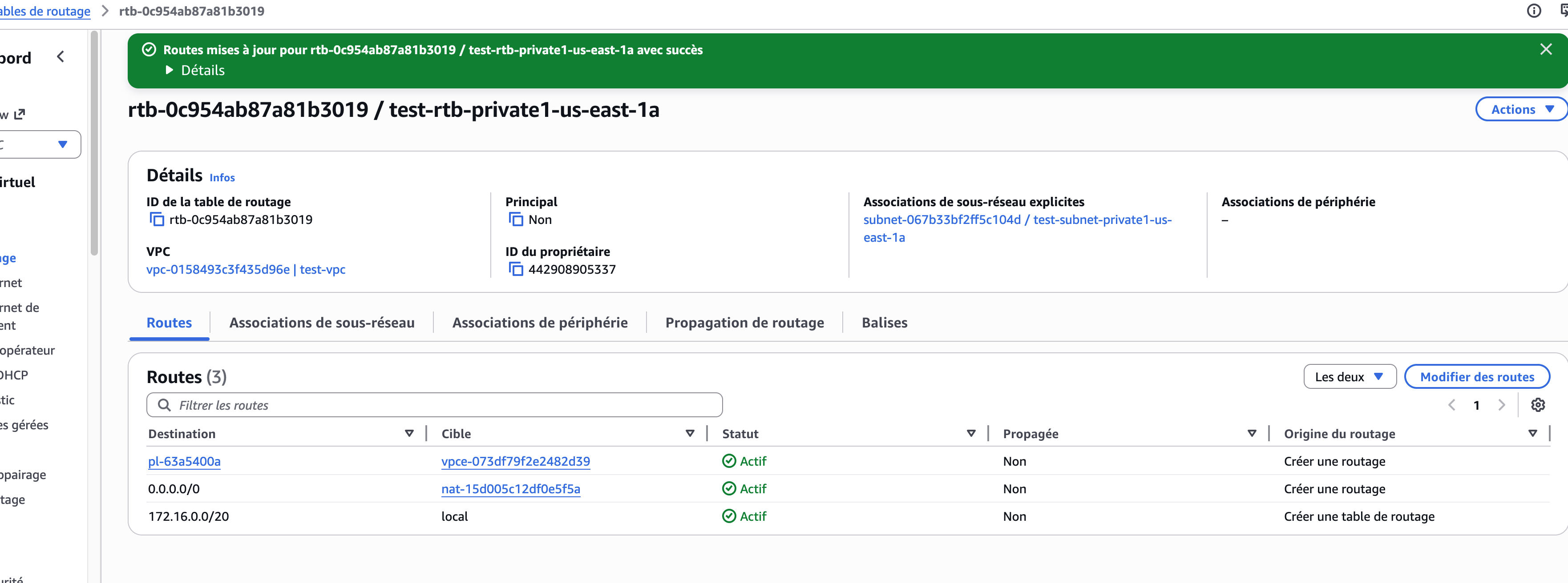Route table privée configurée avec succès