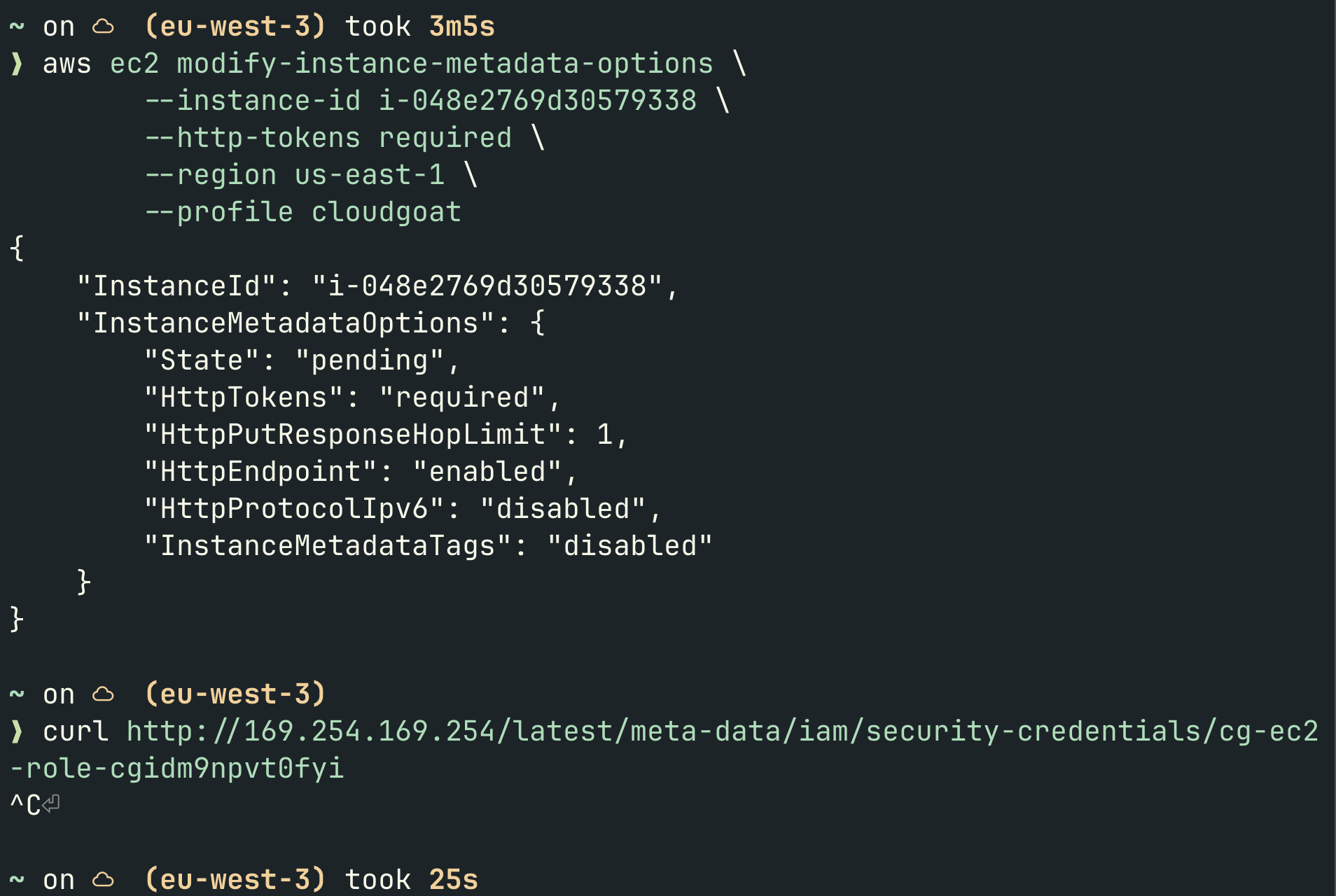 IMDSv2 forcé : HttpTokens: required. Le curl IMDSv1 tourne dans le vide.