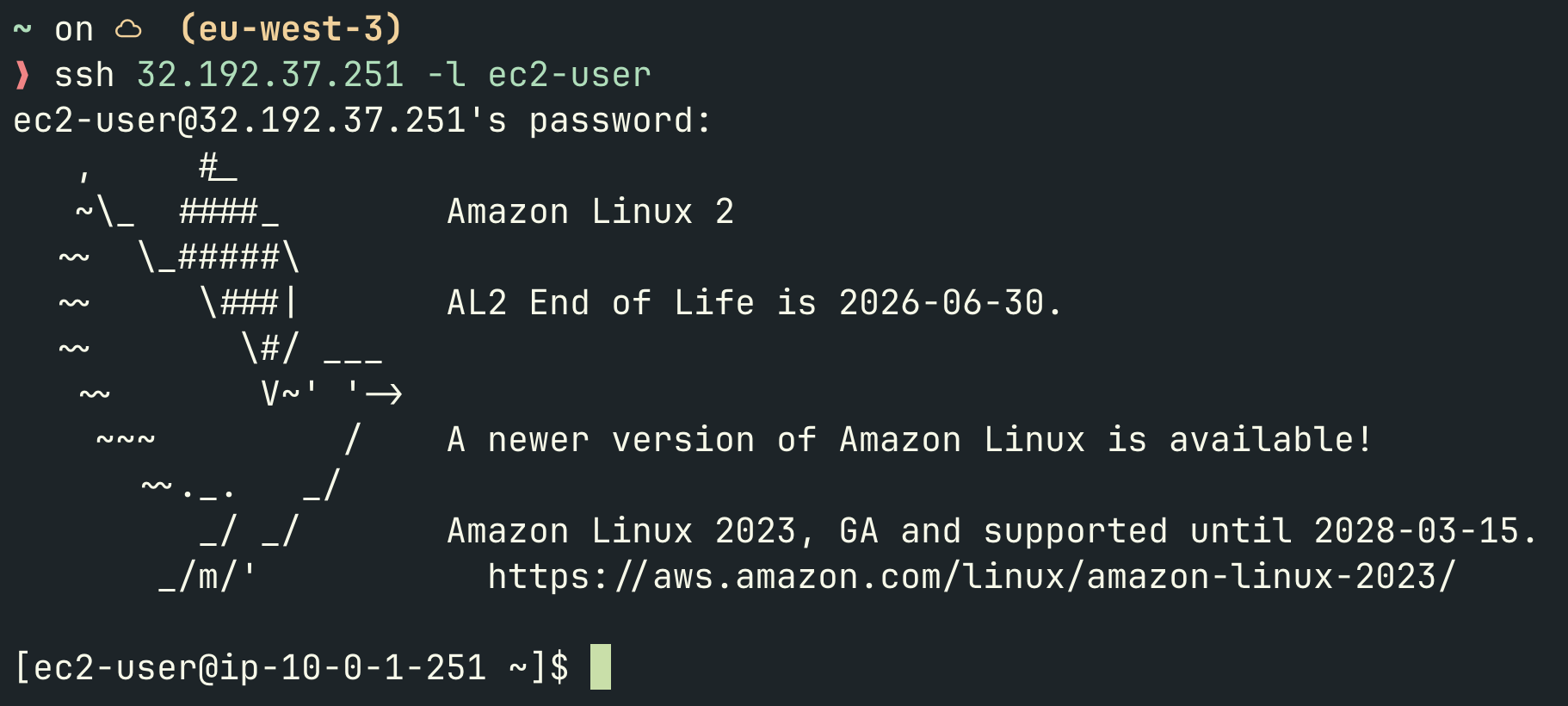 Connexion SSH réussie sur l&rsquo;instance Amazon Linux 2